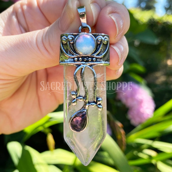 Clear Quartz Crystal Pendant with Amethyst, Opalite, Tibetan Silver for Energy Amplification, Protection, Magick, Spirit, Clarity, Harmony