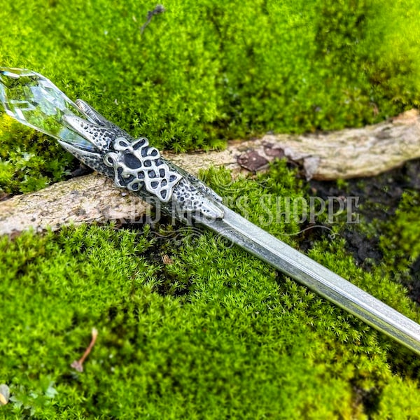 Celtic Wand Pewter with Crystal Tip for Wicca, Witchcraft, Ritual, Ceremony, Amplifying Power, Spellcasting, Directing Energy, Altar Tool