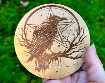 Lunar Raven Pentacle Altar Tile Handmade Fire-Etched with Cherry Wood Finish for Offerings, Samhain, Ritual, Altar Decor, Wicca, Witchcraft