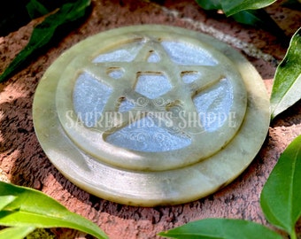 Pentacle Altar Tile Hand Carved Soapstone, Candle Plate, Cone Incense Burner, Altar Paten, Pentagram, Sacred Space, Wicca, Witchcraft, Pagan