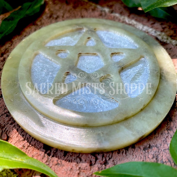 Pentacle Altar Tile Hand Carved Soapstone, Candle Plate, Cone Incense Burner, Altar Paten, Pentagram, Sacred Space, Wicca, Witchcraft, Pagan