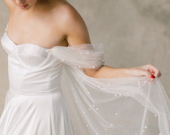 Removable Bridal Juliet Wings, Modern Bridal Look, Draped Glitter Tulle + Pearl Sleeve, Pearl Juliet Wings : Gala - Style 527