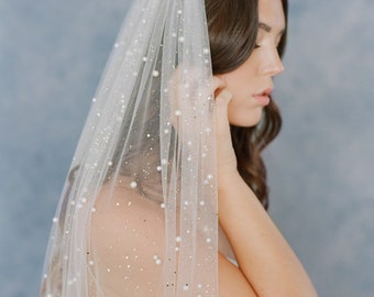 Pearl + Glitter Bridal Veil, Sparkly Wedding Veil, Beaded Wedding Veil, Modern Bridal Veil, Modern Pearl Veil : Delia - Style 136