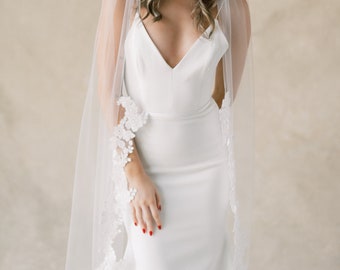 Feminine Lace Bridal Veil, Floral Lace Appliqué Wedding Veil, Soft Matte Cotton Lace Trim Veil : Genevieve - Style 157