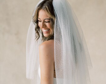 Glitter Dot Tulle Bridal Veil, Modern Sparkle Wedding Veil, Fun Square-Cut Shimmer Bridal Veil, Two-Tier Bridal Veil : Giselle - Style 155