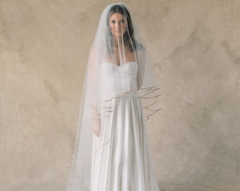 Classic Wedding Veil w/ Soutache Trim, Traditional Two-Tier Bridal Veil, Double Layer Veil, Simple Trim Veil w/ Blusher : Gretta - Style 160