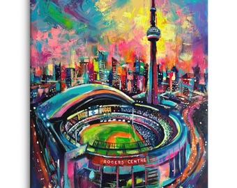 May include: Colorful abstract painting of the Toronto skyline, including the CN Tower and Rogers Centre baseball stadium. The artwork features vibrant brushstrokes in shades of blue, pink, yellow, and green, creating a dynamic and energetic cityscape.