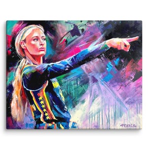 May include: An expressive oil painting of a blonde athlete in a dark blue jersey with yellow stars, pointing forward. The background features vibrant, abstract brushstrokes in shades of magenta, purple, and teal. The artist signature Pearce is visible.