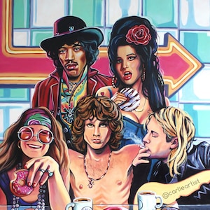 The 27 Club (Diner) - Jimi Hendrix, Janis Joplin, Amy Winehouse, Jim Morrison, Kurt Cobain - Signed Art Print - by Carlie Pearce
