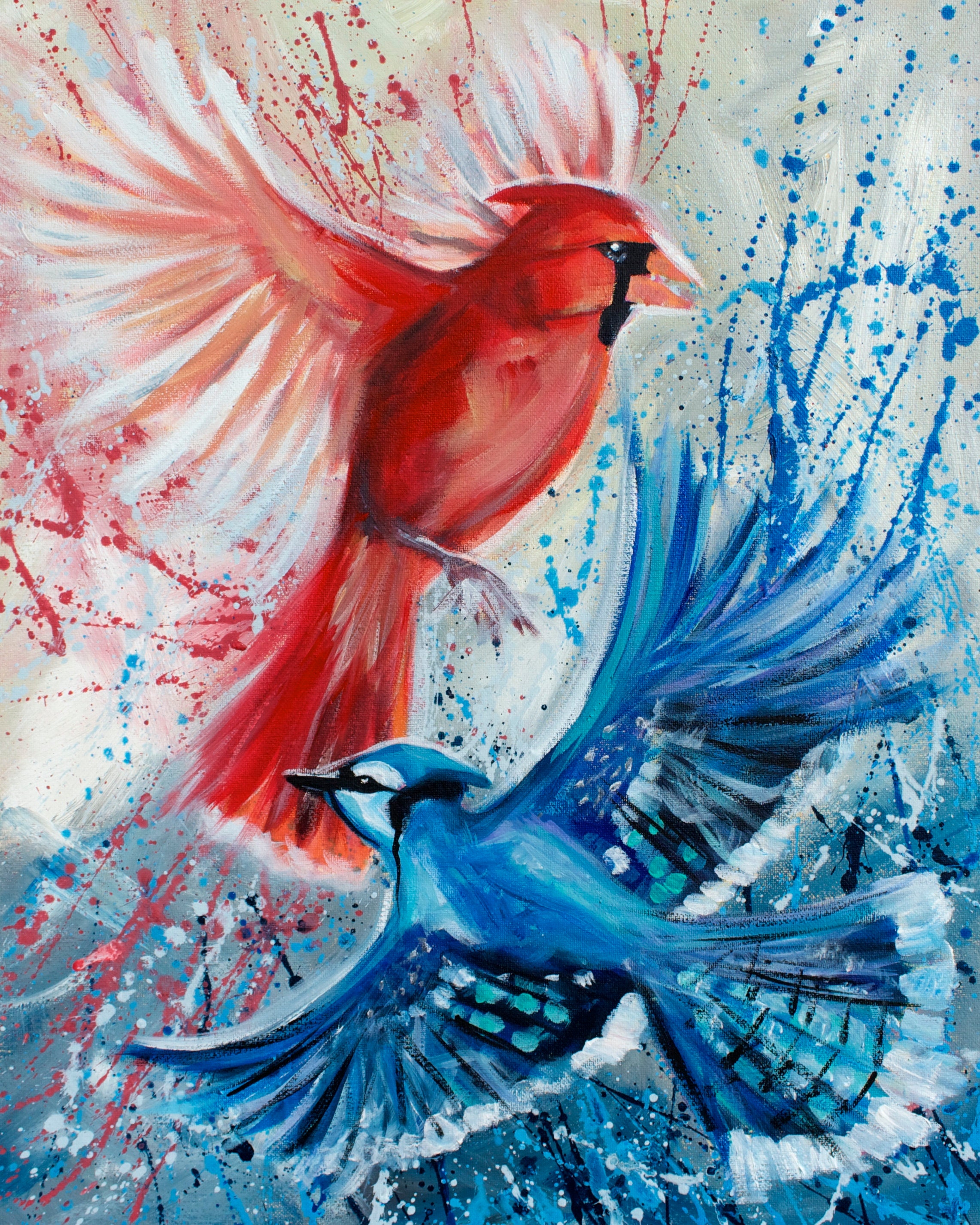 blue jay and cardinal in love