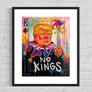May include: Framed art print featuring a colorful portrait of a person with blonde hair and a red face, holding a sword with a jester on top. The words "NO KINGS" are prominently displayed, with a playing card and the word "JOKER" visible.