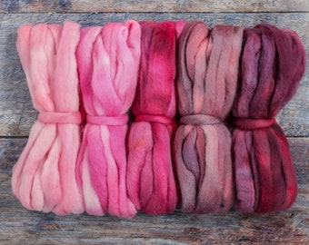 5oz BFL Hand Dyed Fiber - Soft Lustrous Wool Top Roving Pre-Drafted for Hand or Wheel Spinning, Felting, Blending, Weaving, textiles. Pinks