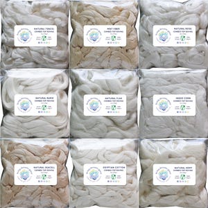 May include: Nine clear plastic bags each containing a different type of natural fiber, including tencel, mint fiber, rose, ramie, flax, corn, seacell, cotton, and hemp. Each bag has a label with the fiber name, "Combed Top Roving", and a logo.