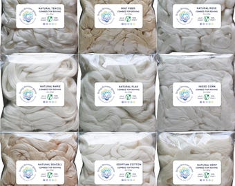 May include: Nine clear plastic bags each containing a different type of natural fiber, including tencel, mint fiber, rose, ramie, flax, corn, seacell, cotton, and hemp. Each bag has a label with the fiber name, "Combed Top Roving", and a logo.