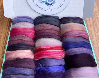 COMBED TOP Roving Mixed Fiber Color Bomb. Merino Silk Bamboo BFL for Spinning, Felting, Blending, Carding. Limited Edition, Lilacs & Berries