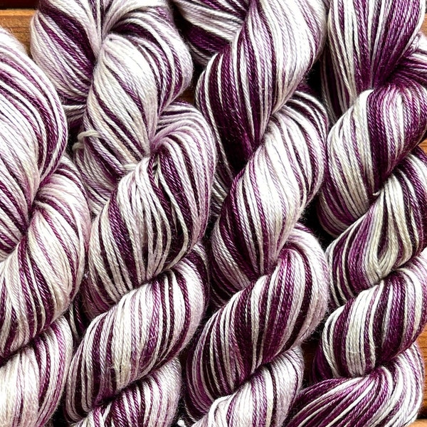 LACE SILK YARN Hand Dyed Mulberry Silk for Knitting and Crochet - Limited Edition - Purple Silver, Self Striping