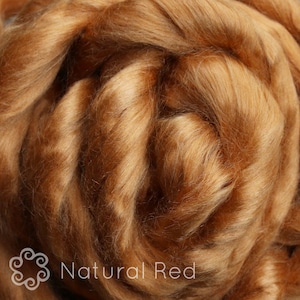 May include: Close-up of a bundle of natural red wool fibre. The wool is soft and fluffy, with a warm, reddish-brown colour.