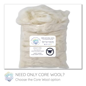 May include: A clear plastic bag filled with off-white, natural wool fiber. The bag has two labels with text that reads "100% Natural Wool for Filling & Felting" and "Cruelty Free." The bottom of the image has the text "Need Only Core Wool? Choose the Core Wool option."
