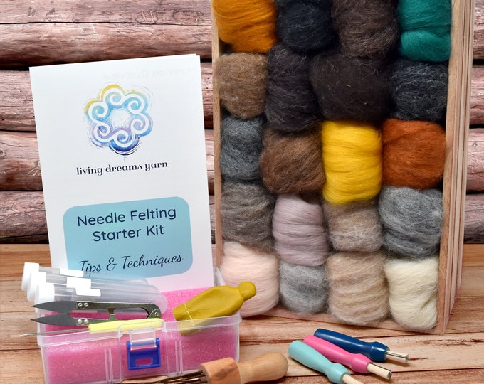 Needle Felting Kit Animal Colors. XL Beginner Craft Kit for Needle Felted Animals. Corriedale Wool Roving, Core Wool and Full Set of Tools.