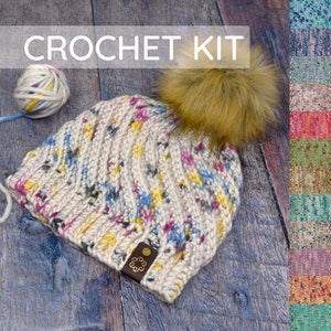 DIY Winter Hat Crochet Kit: Bulky Superfine Merino Wool Yarn, Vortex Beanie Pattern, Pom-Pom, Rim Tag. Soft, Cozy, Great for Gifts.