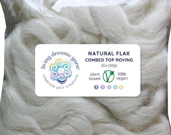 2oz Natural Flax Fiber: Undyed Combed Top Roving - Dyeing, Spinning, Blending, Felting, Weaving. Plant Based, Eco Friendly, Vegan. White