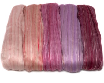 5oz Merino Silk Luxe Blends Roving for Spinning, Felting, Blending: Merino Wool + Glossy Mulberry Silk + Premium Tussah Silk. Blushing Rose