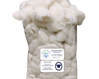 Mèche de laine MÉRINOS SUPERWASH. Fibre supérieure peignée provenant de sources éthiques et responsables pour la filature, le remplissage et le rembourrage - Sac de 1 livre, blanc naturel