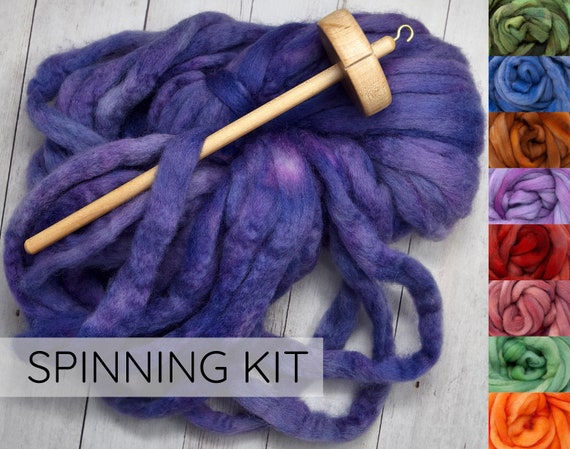 Drop Spindle Kit - Easy Beginner's Spinning Kit with Pre-Drafted BFL Wool Roving, Drop Spindle & Printed Instructions w/ Video. Many Colors.