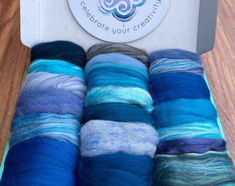MIXED FIBER ART Combed Top Roving for Spinning, Felting, Blending, Rolags. Merino Silk Blends Bamboo Firestar Flax. Color Bomb, Blue Bayou