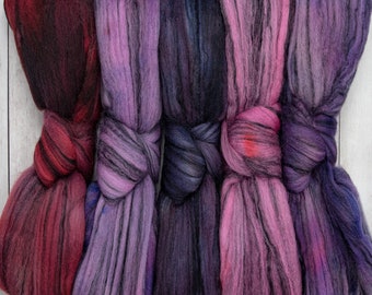 Merino Roving with Tencel. Supersoft Hand Dyed Combed Top for Spinning and Felting. Superfine Wool Blend with Variegated Colors. Purple Haze