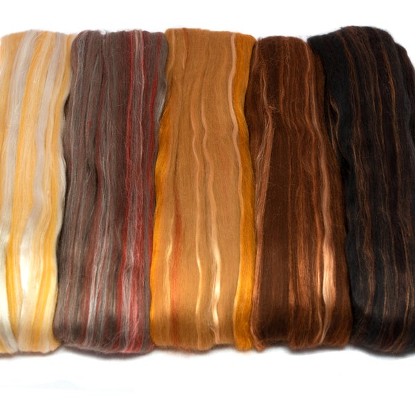 5oz Merino Silk Luxe Blends Roving for Spinning, Felting, Blending: Merino Wool + Glossy Mulberry Silk + Premium Tussah Silk. Pralines