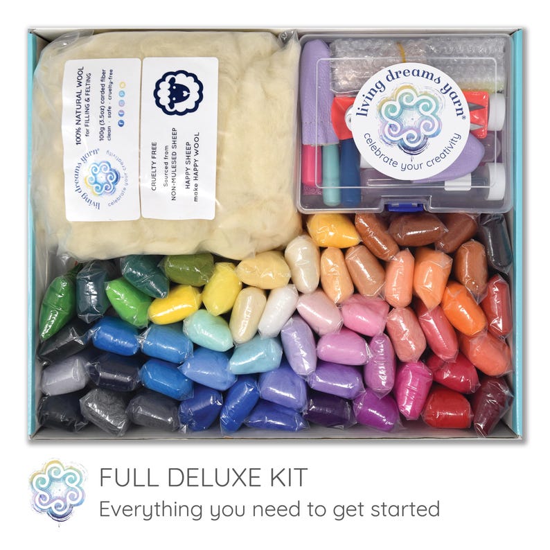 May include: A craft kit with a variety of colorful wool roving, tools, and natural wool for filling and felting. The kit includes a range of colors, from green to red, and is packaged in a box with the text "FULL DELUXE KIT".