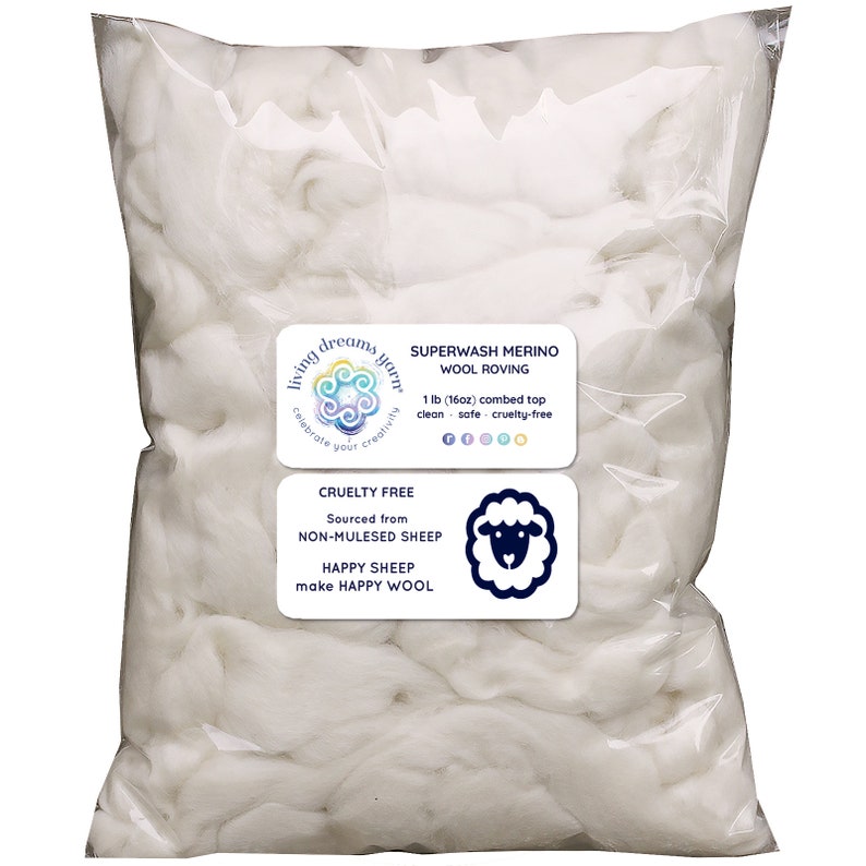 May include: A white plastic bag filled with white superwash merino wool roving. The bag has a label that reads "Superwash Merino Wool Roving 1 lb (16oz) combed top clean - safe - cruelty-free" and a second label that reads "Cruelty Free Sourced from Non-Mulesed Sheep Happy Sheep make Happy Wool".