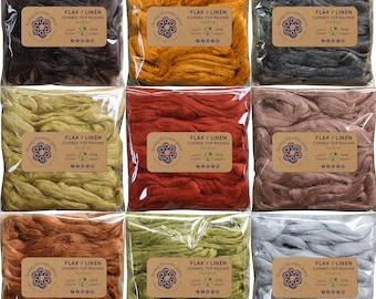 9 Pack Flax: 18 oz (2oz Each of 9 Earth Tone Colors) Flax aka Linen, Natural Vegan Dyed Combed Top Roving, Spinning, Blending, Weaving