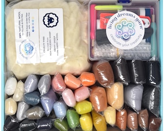 Kit de feltragem com agulha e cores naturais para animais. Kit completo para iniciantes, incluindo muita lã cardada, lã para núcleo e caixa de ferramentas para feltragem com agulha.