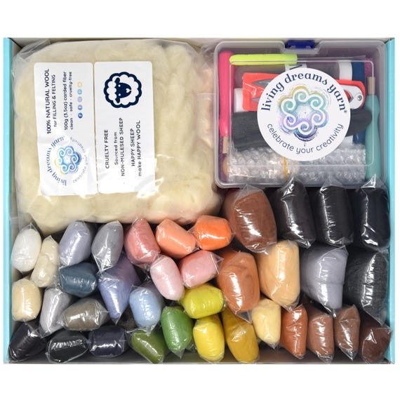 Needle Felting Kit w. Natural Colors for Animals. Big DIY Kit for Beginners incl. lots of Wool Roving, Core Wool, Needle Felting Tool Box.