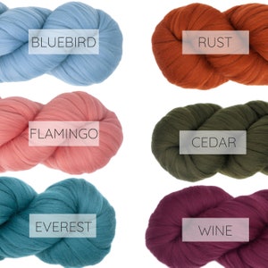 May include: Six skeins of yarn in different colors: bluebird, rust, flamingo, cedar, everest, and wine.
