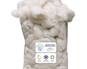 CERTIFIED ORGANIC MERINO Wool Roving. Ethically & Responsibly Sourced Combed Top Fiber. Spinning, Felting, Filling - 1 lb Bag, Natural White