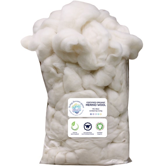 CERTIFIED ORGANIC MERINO Wool Roving. Ethically & Responsibly Sourced Combed Top Fiber. Spinning, Felting, Filling - 1 lb Bag, Natural White