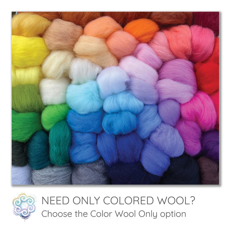 May include: A vibrant display of colorful wool roving arranged in a gradient. The wool ranges from yellow, green, and blue to pink and purple. Text at the bottom reads, "NEED ONLY COLORED WOOL? Choose the Color Wool Only option."