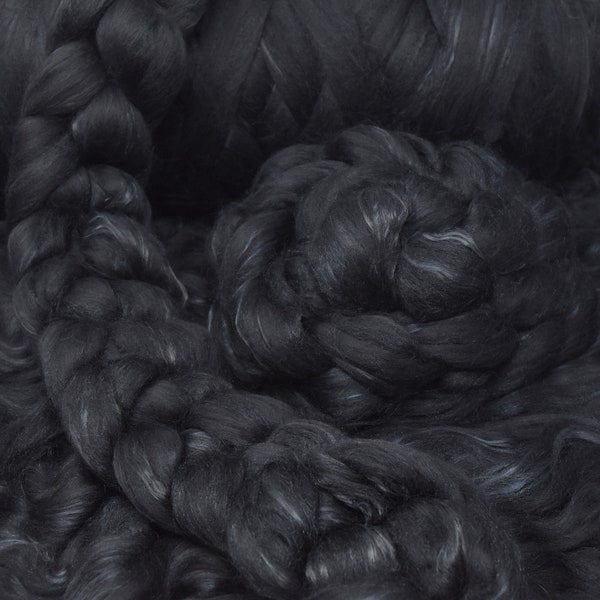 MERINO SILK LUXE Tonal Designer Blend. Superfine Merino, Mulberry Silk, Tussah Silk. Top Roving for Spinning or Felting. Color: Obsidian