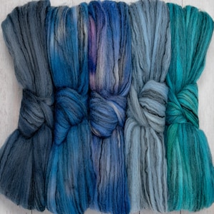 Merino Roving with Tencel. Supersoft Hand Dyed Combed Top for Spinning and Felting. Superfine Wool Blend with Variegated Colors. Blues