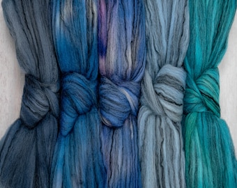 Merino Roving with Tencel. Supersoft Hand Dyed Combed Top for Spinning and Felting. Superfine Wool Blend with Variegated Colors. Blues