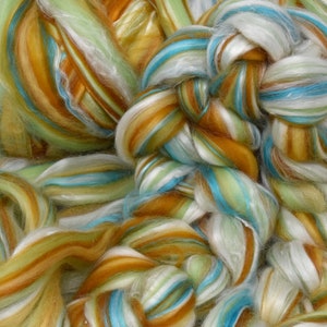 DESIGNER BLEND Merino, Pineapple Fiber, and Mulberry Silk Combed Top Roving. Fancy, Colorful, Exotic - Limited Edition. Coastline