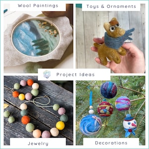 May include: A collage of handmade crafts. Top left shows a wool painting in a wooden hoop. Top right features a felted dog toy. Bottom left displays a colorful felt ball necklace. Bottom right shows felt ornaments hanging on a tree. Text includes "Wool Paintings", "Toys & Ornaments", "Jewelry", and "Decorations".