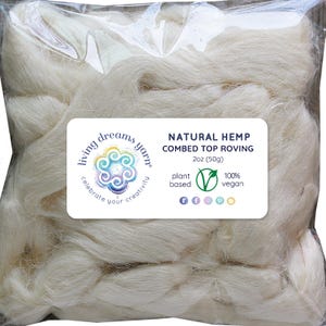 2oz Natural Hemp Fiber:  Natural Undyed Combed Top Roving - Dyeing, Spinning, Blending, Weaving. Plant Based, Eco Friendly, Vegan. White
