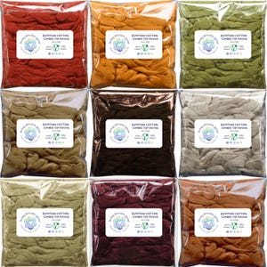 9 Pack Cotton: 18 oz (2oz Each of 9 Earth Tone Colors) 100% Egyptian, Natural Vegan Dyed Combed Top Roving, Spinning, Blending, Weaving