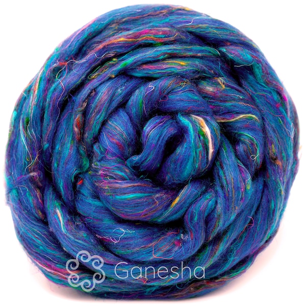 Merino Sari Blend: 4oz Merino Wool & Sari Silk Roving Fiber Soft Combed Top, Hand Spinning, Drop Spindle, Needle Wet Nuno Felting. Ganesha