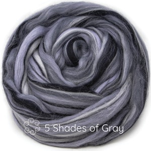 100% Merino Wool Roving. Soft Colorful Combed Top Roving, Hand Wheel Spinning, Needle Nuno Wet Felting, Weaving. Festival - Shades of Gray