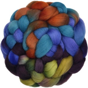 May include: A thick, braided bundle of roving wool fiber featuring a vibrant color palette of deep orange, bright turquoise, royal blue, dark purple, and lime green. The soft, textured material is intertwined in a continuous, chunky braid.